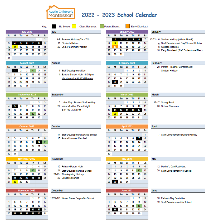 Calendar Austin Children's Montessori